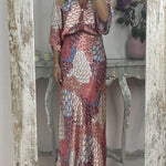 Satin Floral Print V-neck Half-sleeve Loose Top and Elegant Maxi Skirt Set