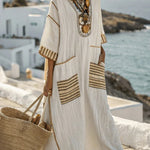 Striped Print V-Neck Casual Loose Pocket Maxi Dress