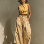 Women's Mustard & Sand Cotton Set With Cropped Tank Top & Wide-Leg Pants, Timeless Boho-Casual Style Set