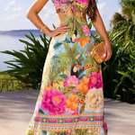 Mexico Style Tropical Print Ring Cutout Lace-up Vacation Maxi Dress