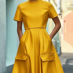 Short Sleeves Pockets Solid Color Stand Collar Maxi Dresses