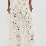 Lillah Embroidered Lace Shell Pattern Elastic Waist Pocket Wide Leg Pants