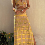 Yellow Ripple V-neck Slit Navel-exposed Long Suspender Dress