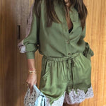 Eye-catching Work Contrast Color Satin Lace Trim Elastic Waist Pocket Shorts