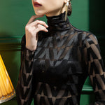 Stylish Skinny Long Sleeves Embroidered Split-Joint Checkered High-Neck T-Shirts Tops
