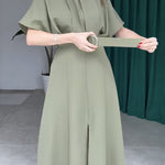 Loose Raglan Sleeve Pleated Split-Front Split-Joint Tied Waist Round-Neck Maxi Dresses