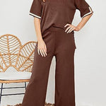 Lounge or Casual Wear Knit Patchwork Color Block Short Sleeve Top and Elastic Wide Leg Pants