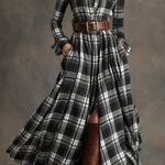French retro waist long sleeve chiffon dress