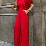 Loose Short Sleeves Falbala Solid Color Round-Neck Jumpsuits