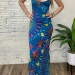 Tuscan Vibes Tie-dye Print Back Lace-up Slit Stretch Maxi Dress