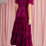 Red Dahlia Velvet Short Sleeve Shirred Waist Tiered Maxi Dress