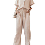 Solid Color High-Low Long Sleeves Lapel Blouses + Drawstring Pants Two Pieces Set