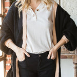 Black Bishop Sleeve Colorblock Open Front Cardigan Sweater