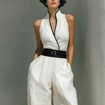 Women's Minimalist Linen Blend Patchwork Sleeveless Stand-collar Jumpsuit