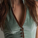Sage Polyester velvet And Contrast Leather Trim Slim Fit Vest