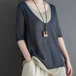 Artistic False Two Loose Ramie Cotton Half Sleeve Shirt