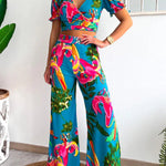 Floral Print V Neck Short Sleeves Crop Top Elastic Waist Wide Leg Pants Set