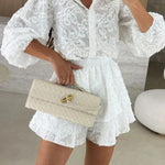 Unique Lace Texture Fabric Balloon Sleeve Blouse and Elastic Waist Layered Skirt Set