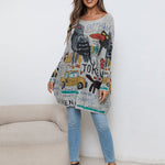 Casual Long Sleeves Loose Cartoon Printed Contrast Color Round-Neck Sweater Tops