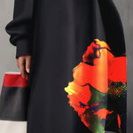 A-line Long Sleeves Flower Print Pockets Round-neck Midi Dresses
