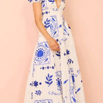 Embrace The Glamour Linen Blend Unique Print Puff Sleeve Pocketed Maxi Dress