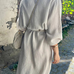 White Textured Turn Down Collar Long Shirt Dress