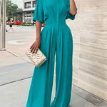 Half Sleeves High Waisted Pleated Solid Color Mock Neck Jumpsuits