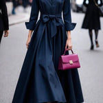 Shirt-collar, fitted-waist long dress