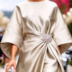 Loose Three-Quarter Sleeves Asymmetric Pleated Split-Joint Round-Neck Maxi Dresses