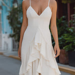 Elegant Spaghetti Strap Asymmetrical Ruffle Maxi Dress