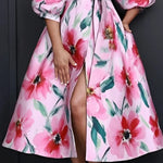 A-Line Half Sleeves Flower Print Tied Waist V-Neck Midi Dresses