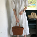 Original Loose Solid Color Pleated Puff Sleeves Midi Dress