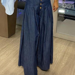 High Waisted Loose Buttoned Pleated Pockets Solid Color Jean Pants Bottoms