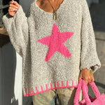 Warm Winter Day Texture Knit Star Pattern Contrast Color Loose Sweater