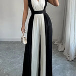 High Waisted Loose Contrast Color Pleated V-Neck Jumpsuits