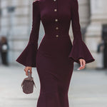 Bodycon Flared Sleeves Buttoned Solid Color High Neck Midi Dresses