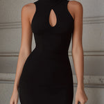 Sleek Black Halter Keyhole Midi Bodycon Dress