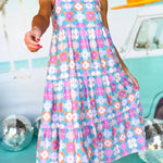 Sky Blue 60s Flower Split Neck Sleeveless Tiered Maxi Dress