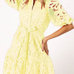 Solid Color Lace Cutout Balloon Sleeves and Waist Tie Mini Dress