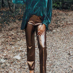 Sea Green Velvet V Neck Puff Sleeve Peplum Blouse