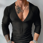 Men's Solid Color Striped V Neck Long Sleeve T-shirt