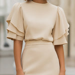 Ruffled Sleeve Top & Tailored Midi Skirt Two-Piece Set
