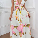 Seinah Floral Print Cutout Waist Open Back Lace-up Slit Maxi Dress