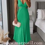 7 Colors Chicest V Neck Cut Out Waist Sleeveless Pleated Maxi Dress