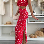 Roxane Polka Dot Print Shoulder Pad Metal Cutout Waist Slit Stretch Maxi Dress