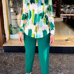 Long Sleeves Buttoned Printed Lapel Blouses Top + High Waisted Pants Bottom Two Pieces Set