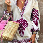 Lapel V Neck Long Sleeve Printed Shirt Dress