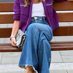 Retro Purple Chanel Style Metal Chain Knitted Cardigan