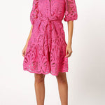 Solid Color Lace Cutout Balloon Sleeves and Waist Tie Mini Dress