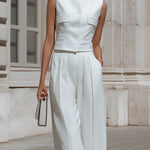 Crisp White Tailored Vest & Wide-Leg Culottes Two-Piece Set